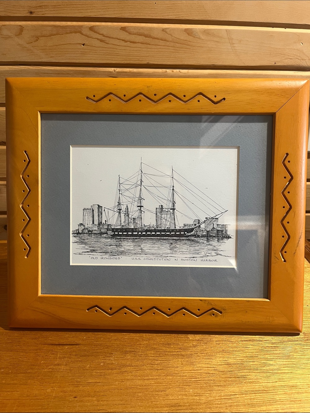 Artist Clark M. Goff “Old Ironsides” B&W Print Matted 8x10 in handcrafted frame